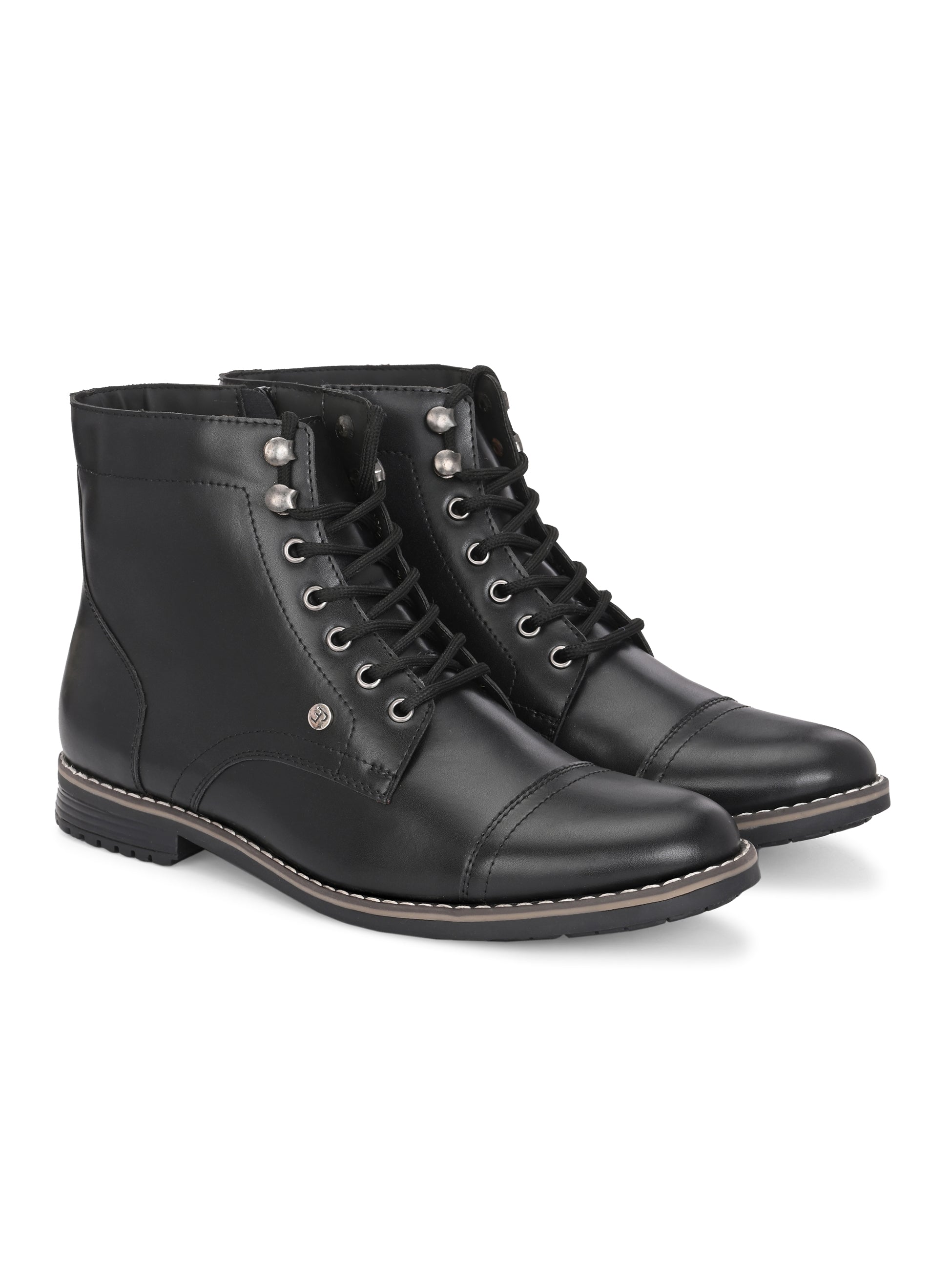 Men's black leather lace-up block-heeled boots with metal eyelets, stitched detailing, and a low heel.