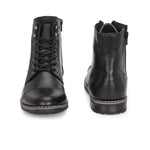 Men's black leather lace-up block-heeled boots with metal eyelets, stitched detailing, and a low heel.
