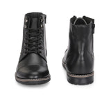 Men's black leather lace-up block-heeled boots with metal eyelets, stitched detailing, and a low heel.