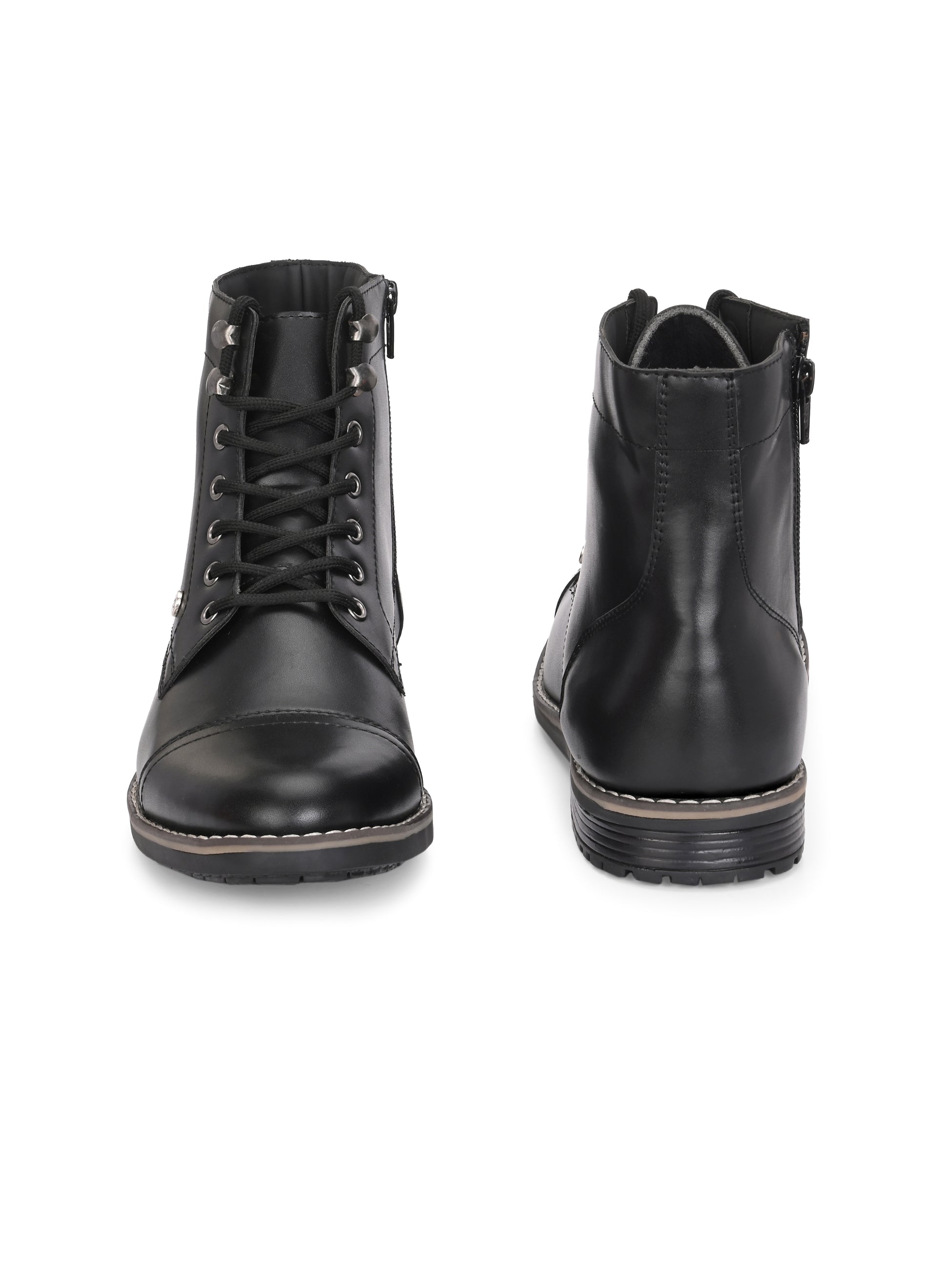 Men's black leather lace-up block-heeled boots with metal eyelets, stitched detailing, and a low heel.