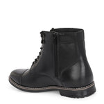 Men's black leather lace-up block-heeled boots with metal eyelets, stitched detailing, and a low heel.