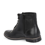 Men's black leather lace-up block-heeled boots with metal eyelets, stitched detailing, and a low heel.
