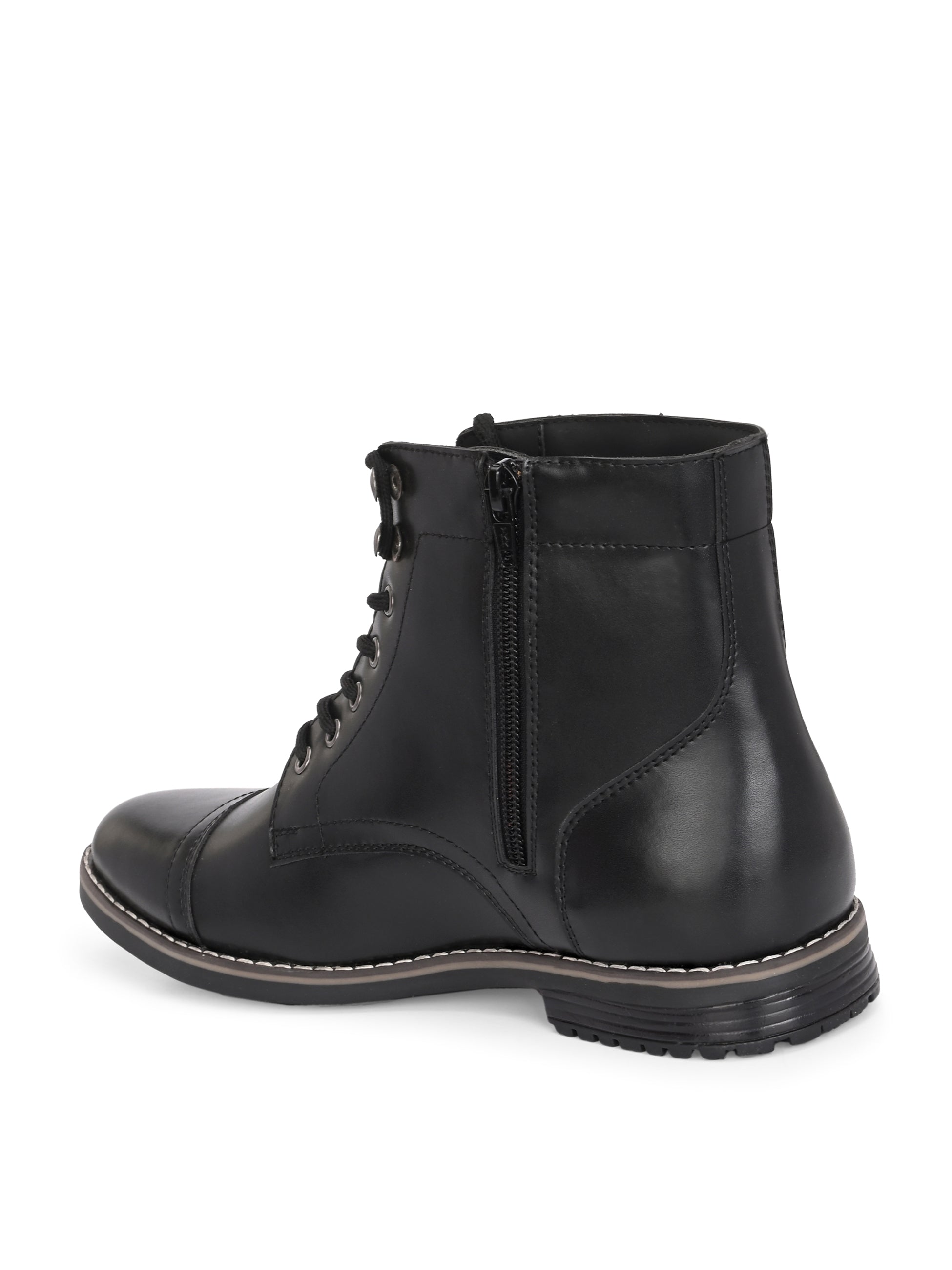Men's black leather lace-up block-heeled boots with metal eyelets, stitched detailing, and a low heel.