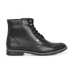 Men's black leather lace-up block-heeled boots with metal eyelets, stitched detailing, and a low heel.