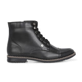 Men's black leather lace-up block-heeled boots with metal eyelets, stitched detailing, and a low heel.