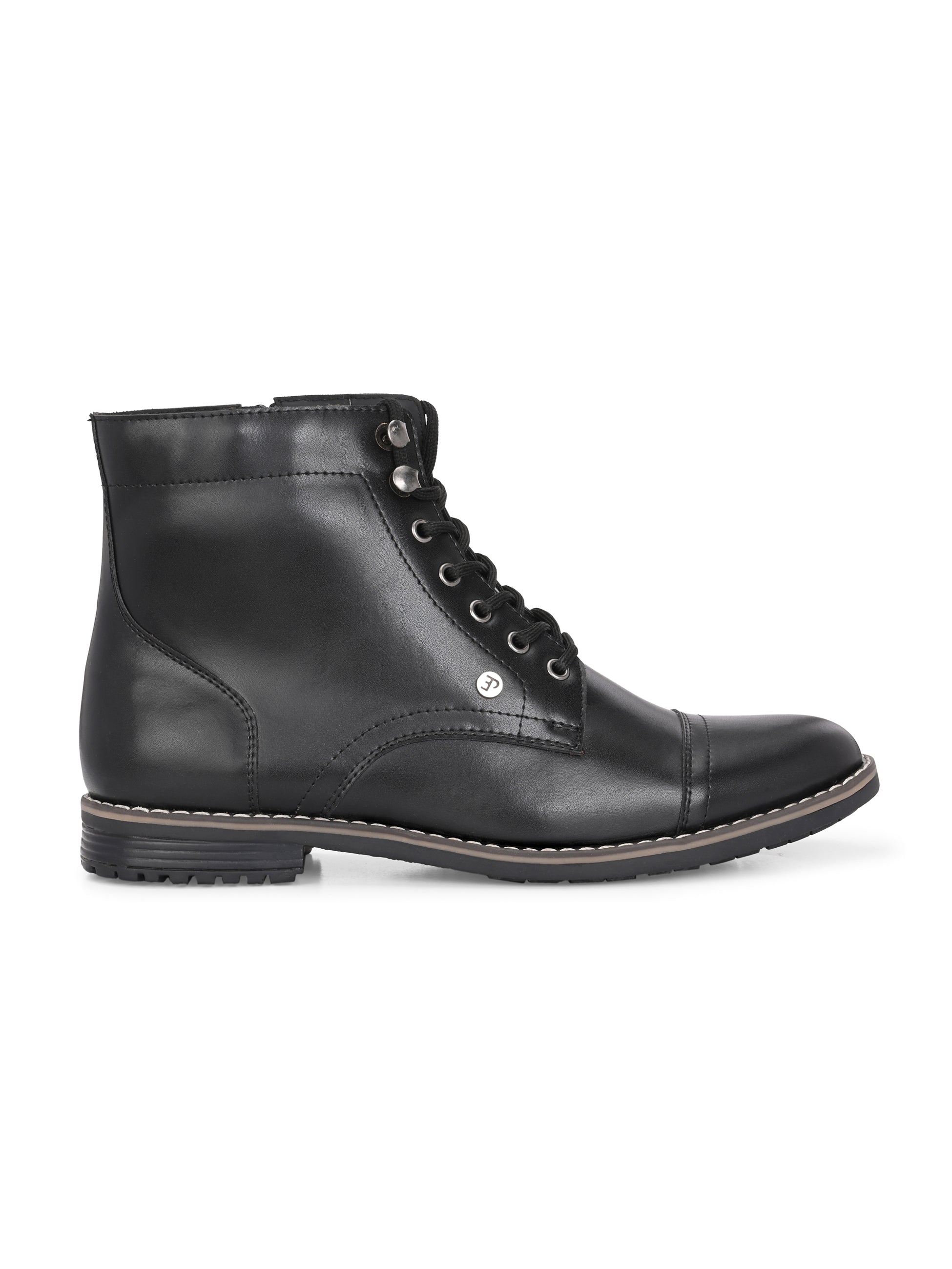 Men's black leather lace-up block-heeled boots with metal eyelets, stitched detailing, and a low heel.
