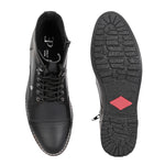 Men's black leather lace-up block-heeled boots with metal eyelets, stitched detailing, and a low heel.