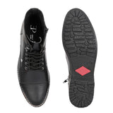 Men's black leather lace-up block-heeled boots with metal eyelets, stitched detailing, and a low heel.