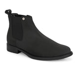 Black Chelsea boots with a matte finish, elastic side panels, pull-tab, and a subtle metallic logo accent.
