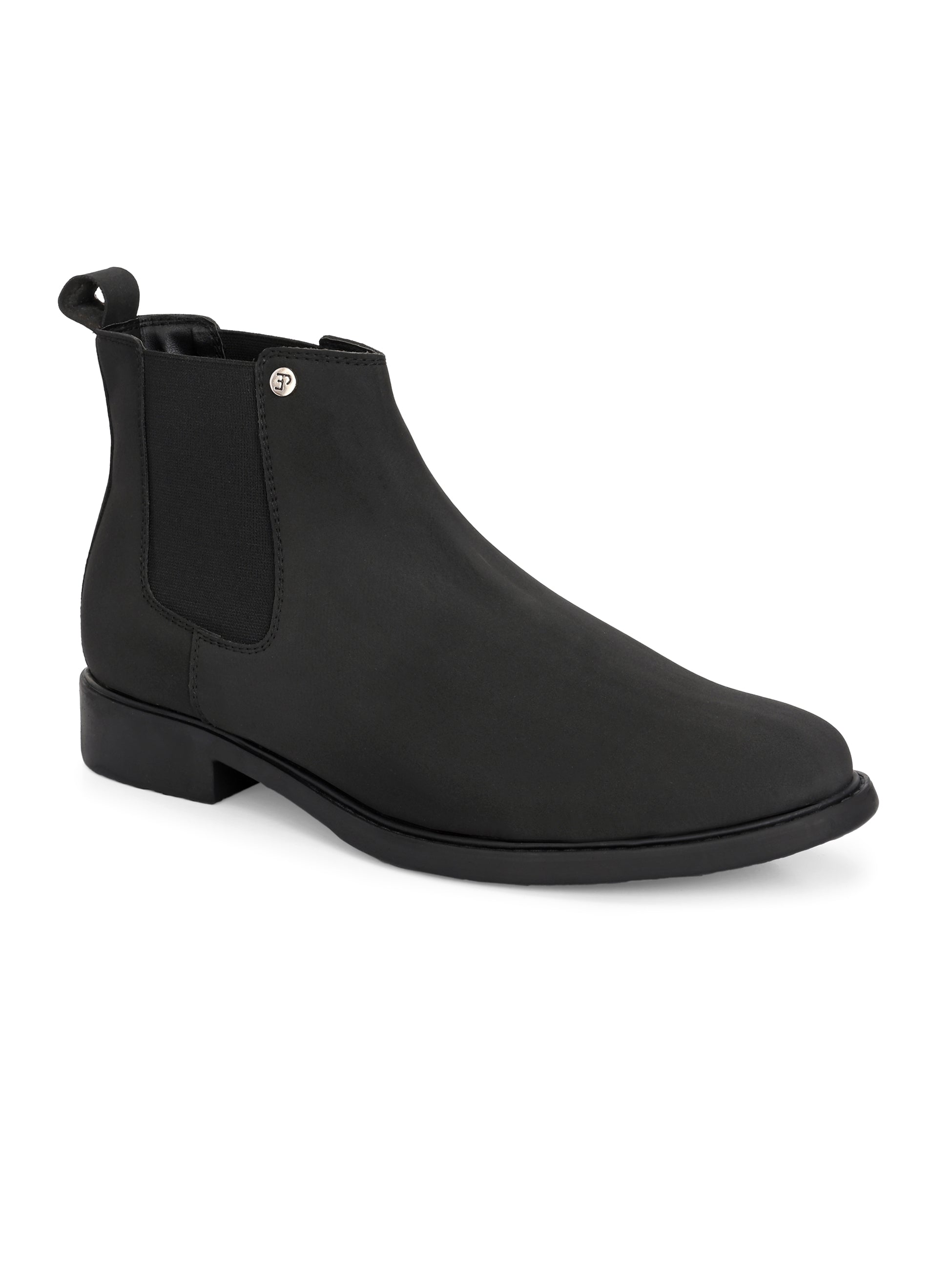 Black Chelsea boots with a matte finish, elastic side panels, pull-tab, and a subtle metallic logo accent.