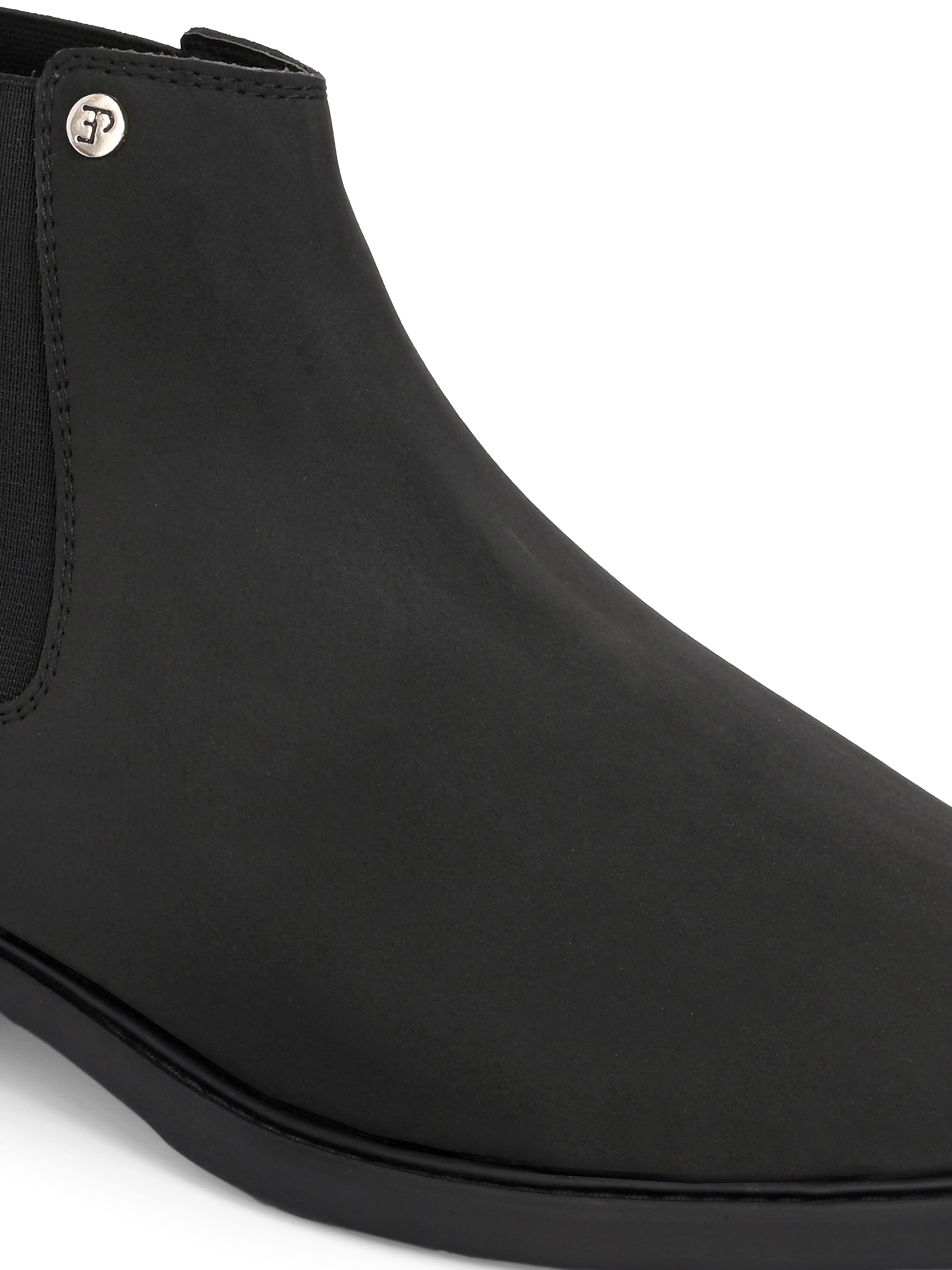 Black formal boots with a matte finish, elastic side panels, pull-tab, and a subtle metallic logo accent.