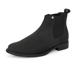 Black formal boots with a matte finish, elastic side panels, pull-tab, and a subtle metallic logo accent.