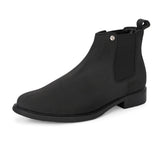 Black formal boots with a matte finish, elastic side panels, pull-tab, and a subtle metallic logo accent.