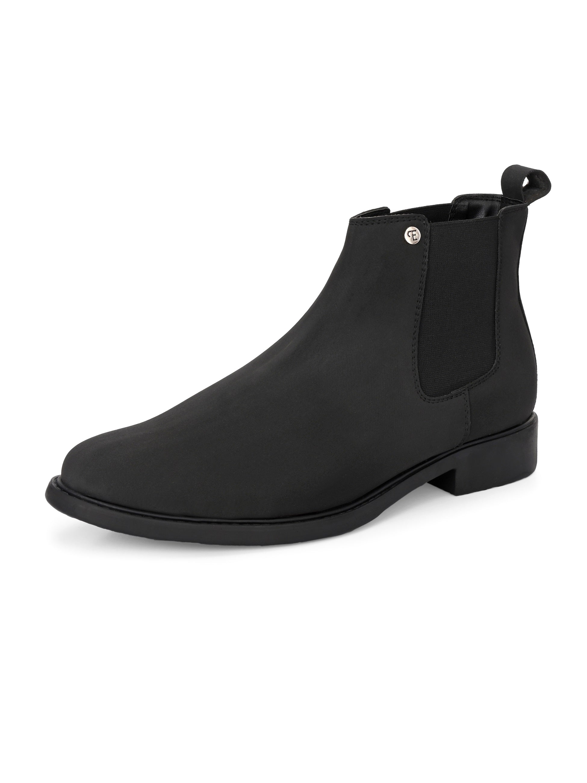 Black formal boots with a matte finish, elastic side panels, pull-tab, and a subtle metallic logo accent.
