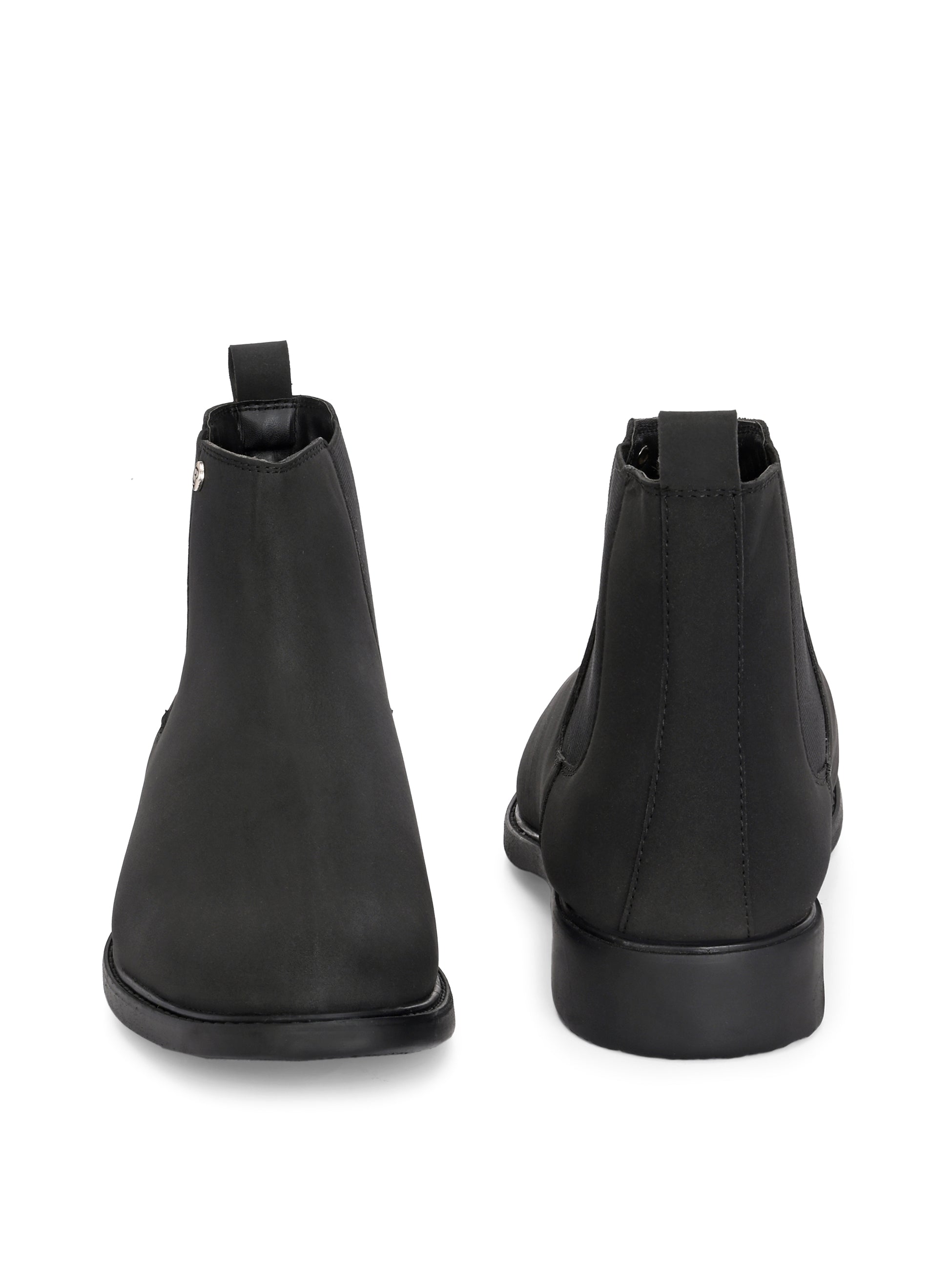 Black formal boots with a matte finish, elastic side panels, pull-tab, and a subtle metallic logo accent.
