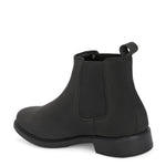 Black formal boots with a matte finish, elastic side panels, pull-tab, and a subtle metallic logo accent.