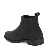 Black formal boots with a matte finish, elastic side panels, pull-tab, and a subtle metallic logo accent.