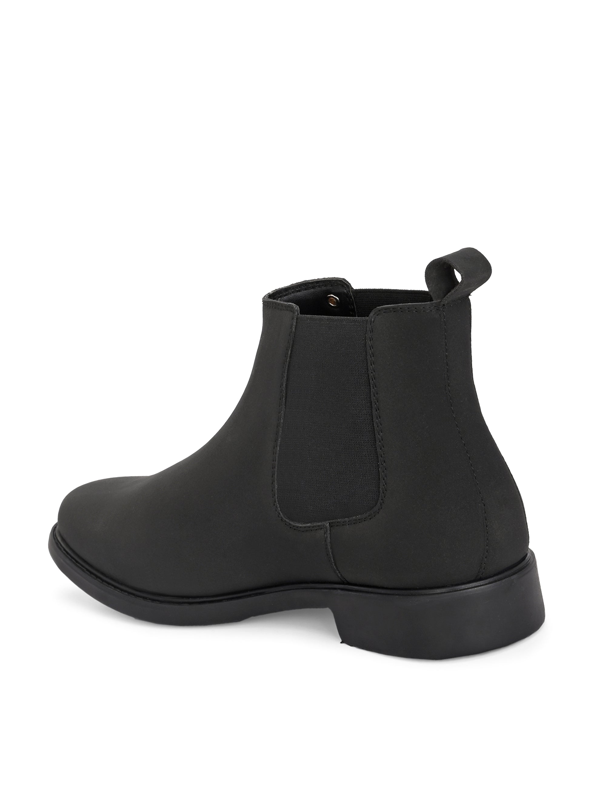 Black formal boots with a matte finish, elastic side panels, pull-tab, and a subtle metallic logo accent.