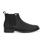 Black formal boots with a matte finish, elastic side panels, pull-tab, and a subtle metallic logo accent.
