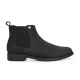 Black formal boots with a matte finish, elastic side panels, pull-tab, and a subtle metallic logo accent.