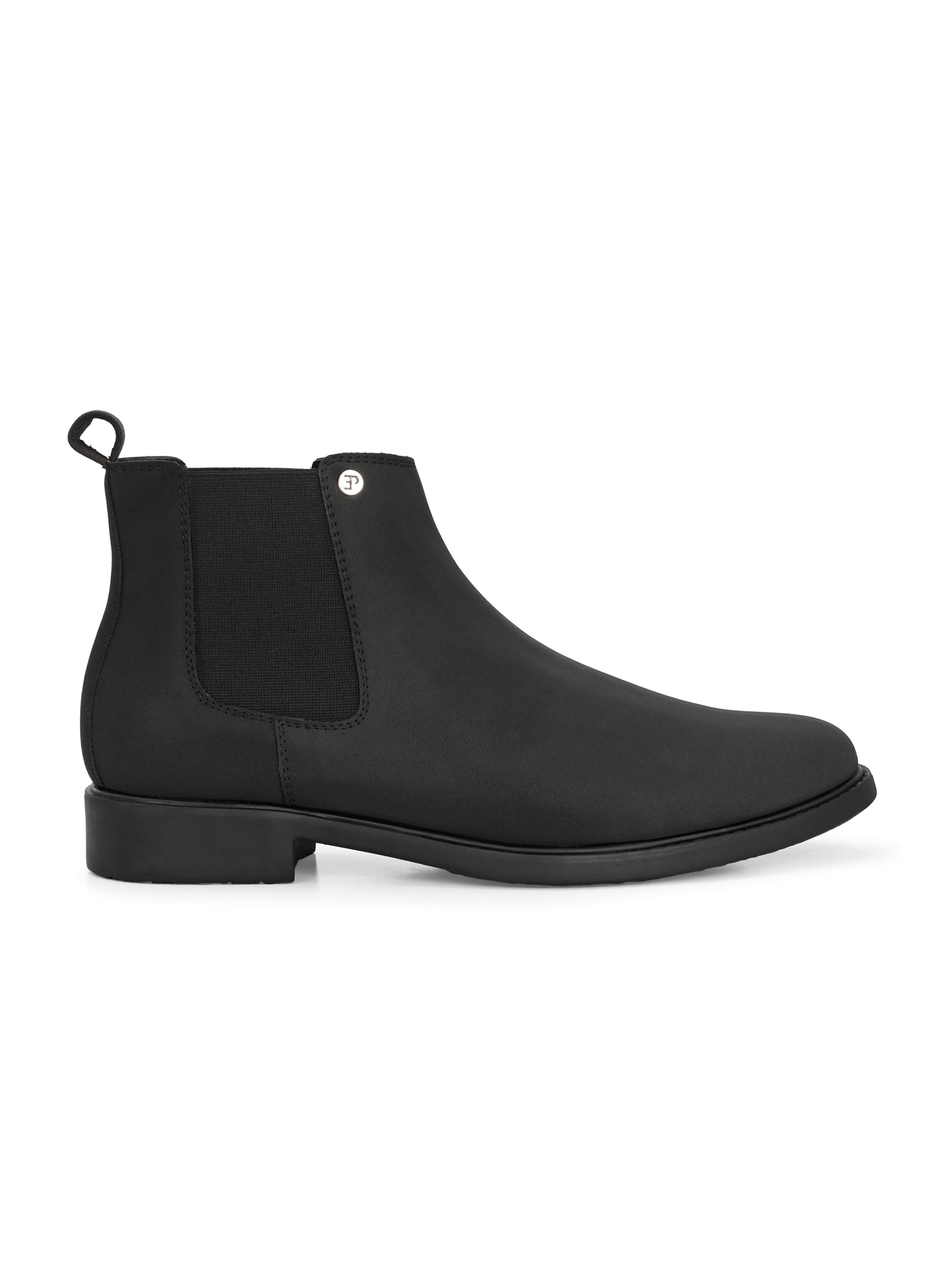 Black formal boots with a matte finish, elastic side panels, pull-tab, and a subtle metallic logo accent.