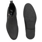 Black formal boots with a matte finish, elastic side panels, pull-tab, and a subtle metallic logo accent.