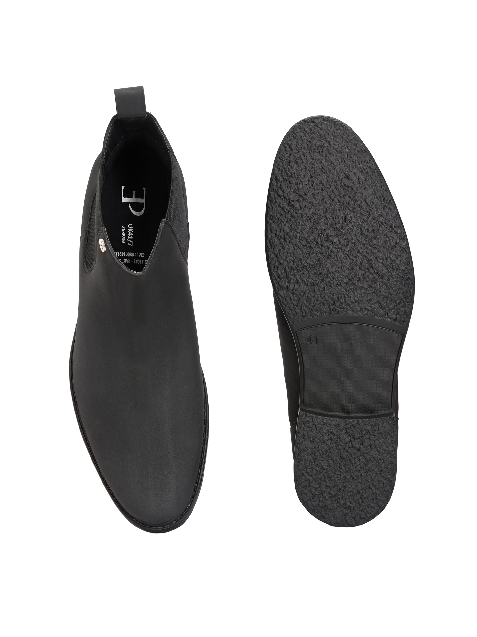 Black formal boots with a matte finish, elastic side panels, pull-tab, and a subtle metallic logo accent.