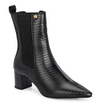 A sleek black crocodile-textured ankle boot with a pointed toe and mid-block heel, featuring an elastic side panel and a gold accent logo.