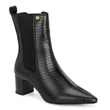 A sleek black crocodile-textured ankle boot with a pointed toe and mid-block heel, featuring an elastic side panel and a gold accent logo.