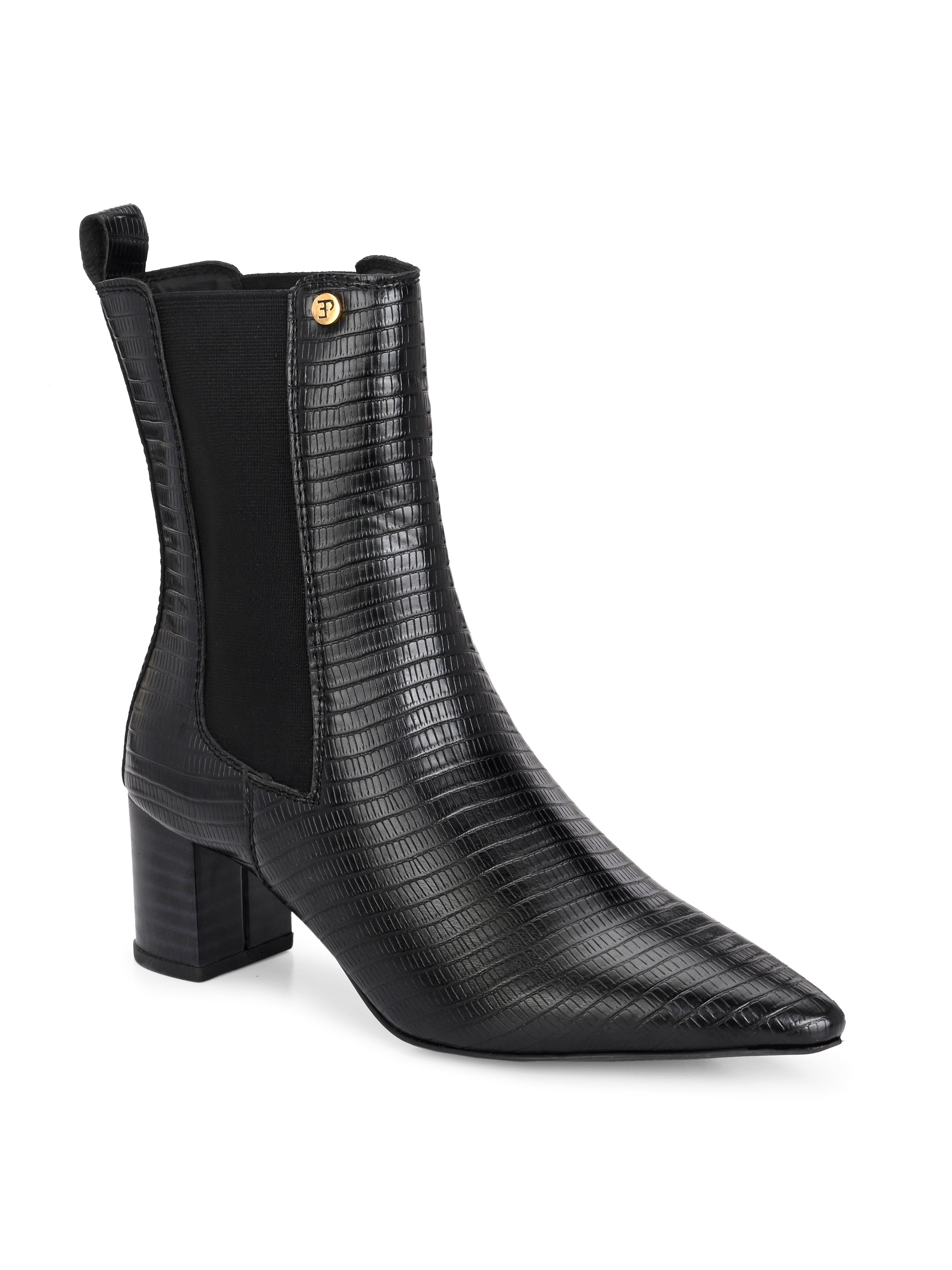 A sleek black crocodile-textured ankle boot with a pointed toe and mid-block heel, featuring an elastic side panel and a gold accent logo.