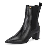 A stylish black ankle boot with a smooth leather finish, almond-shaped toe, mid-block heel, elastic side panel, and a gold accent logo.