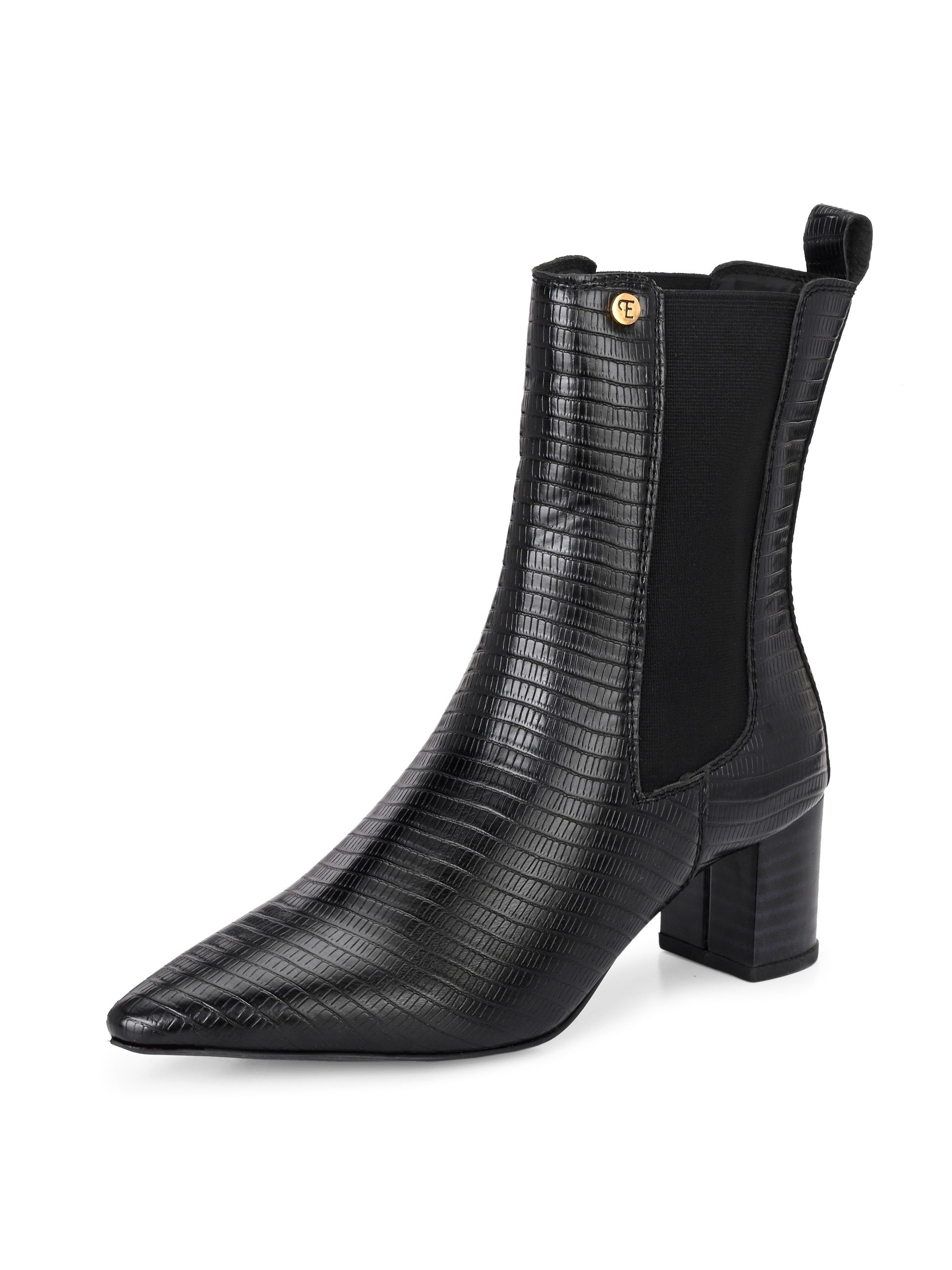 A stylish black ankle boot with a smooth leather finish, almond-shaped toe, mid-block heel, elastic side panel, and a gold accent logo.
