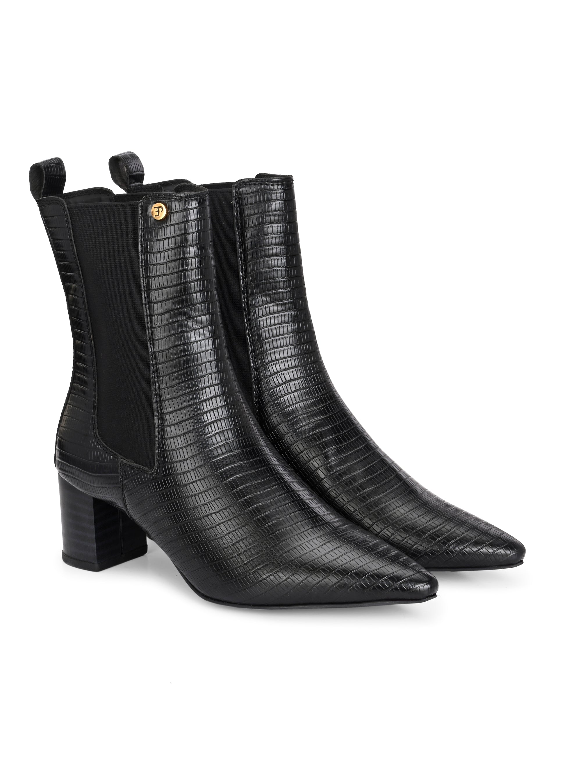A sleek black crocodile-textured ankle boot with a pointed toe and mid-block heel, featuring an elastic side panel and a gold accent logo.