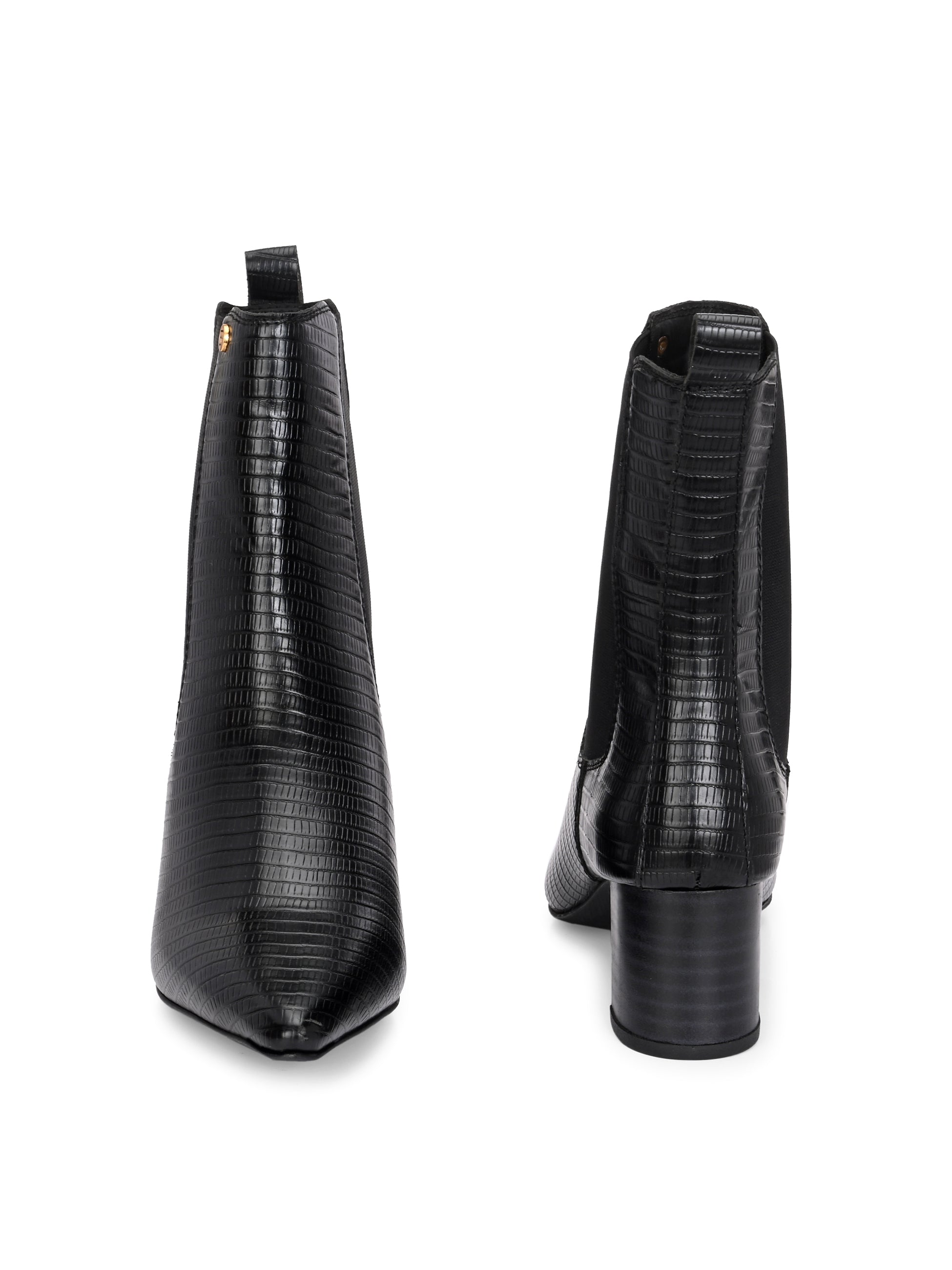 A stylish black ankle boot with a smooth leather finish, almond-shaped toe, mid-block heel, elastic side panel, and a gold accent logo.