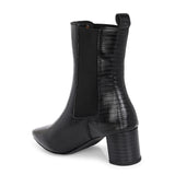 A stylish black ankle boot with a smooth leather finish, almond-shaped toe, mid-block heel, elastic side panel, and a gold accent logo.