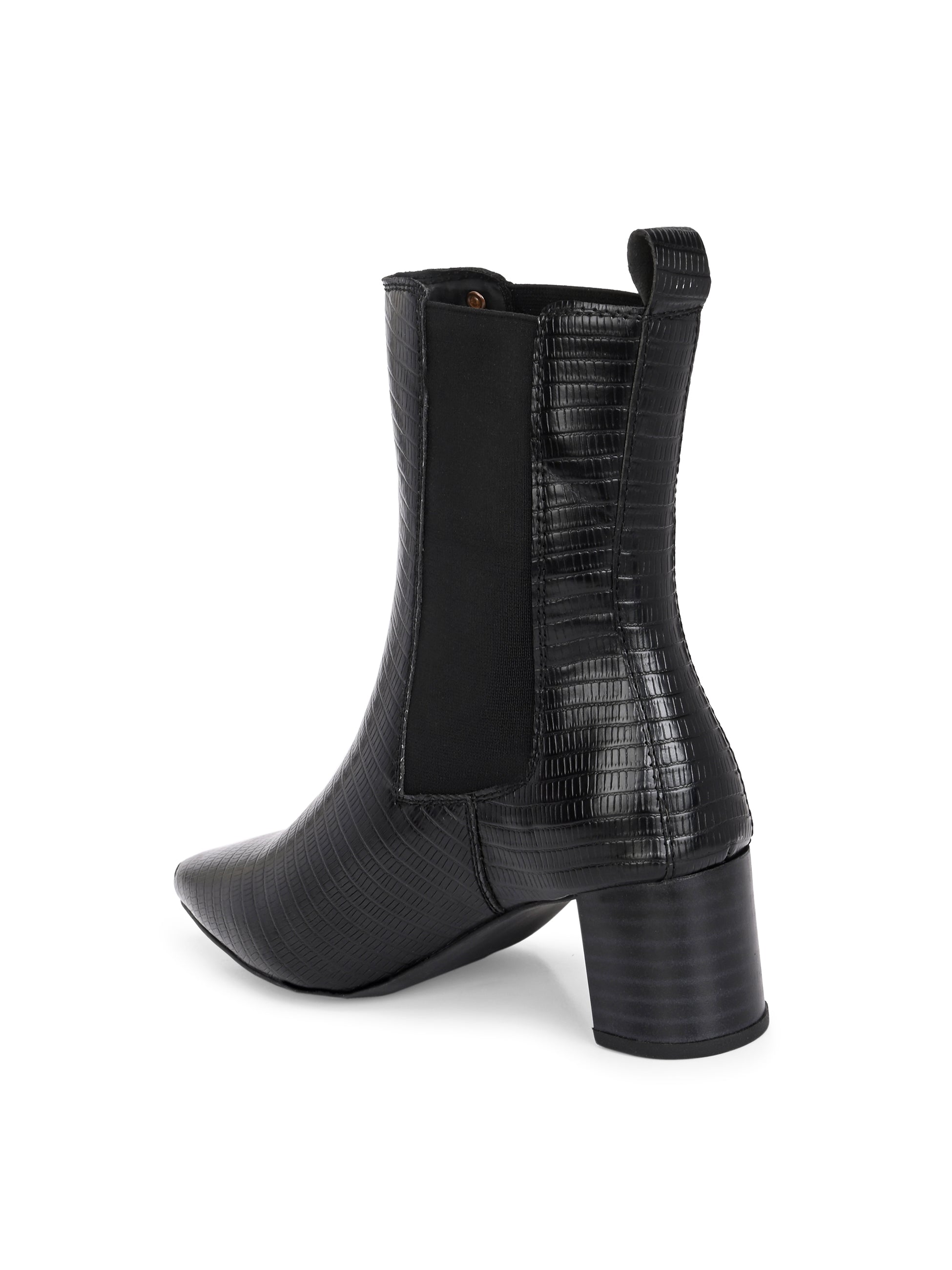 A stylish black ankle boot with a smooth leather finish, almond-shaped toe, mid-block heel, elastic side panel, and a gold accent logo.