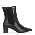 A stylish black ankle boot with a smooth leather finish, almond-shaped toe, mid-block heel, elastic side panel, and a gold accent logo.