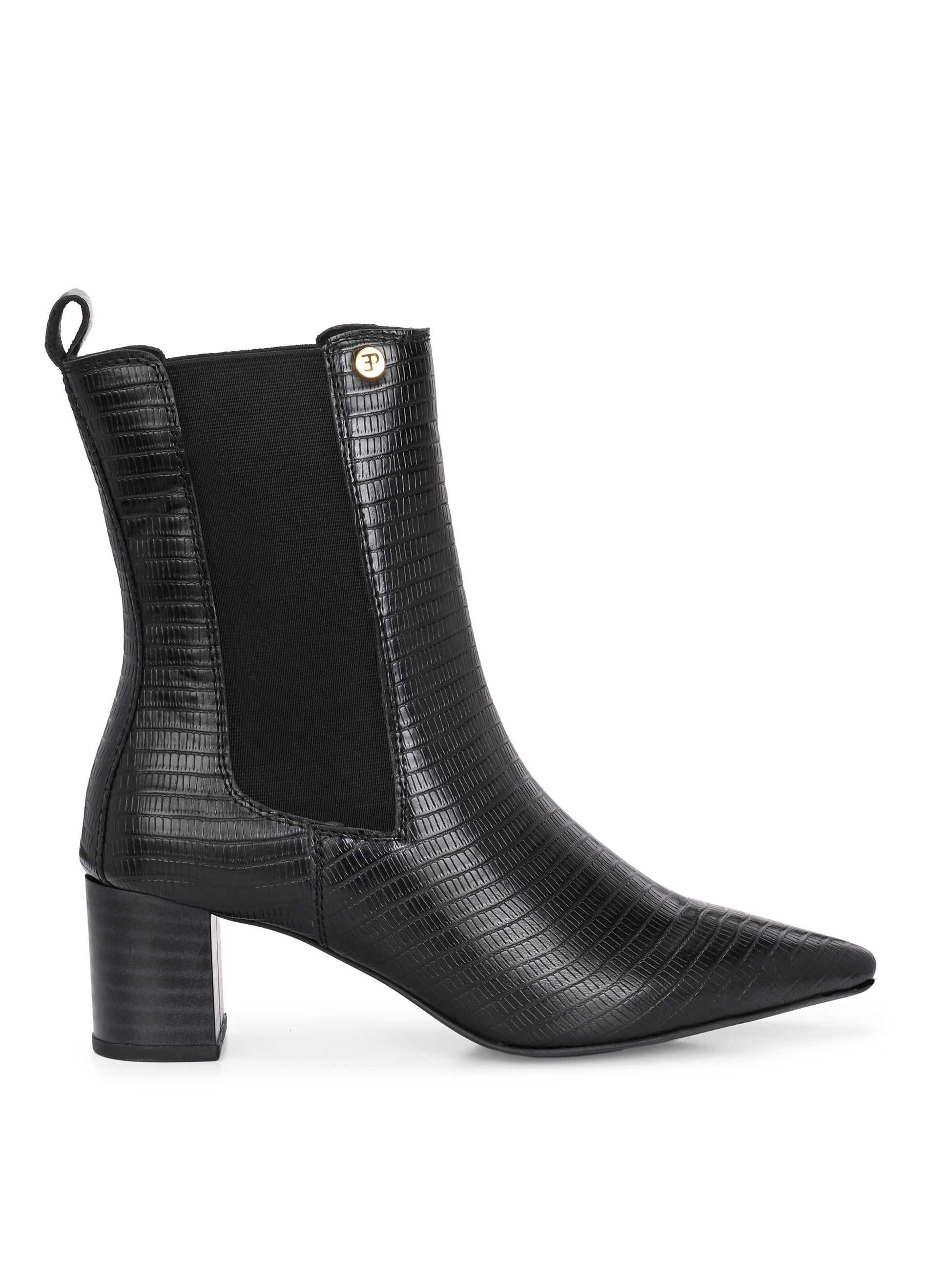 A stylish black ankle boot with a smooth leather finish, almond-shaped toe, mid-block heel, elastic side panel, and a gold accent logo.