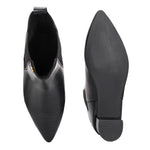 A stylish black ankle boot with a smooth leather finish, almond-shaped toe, mid-block heel, elastic side panel, and a gold accent logo.