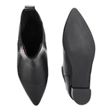 A stylish black ankle boot with a smooth leather finish, almond-shaped toe, mid-block heel, elastic side panel, and a gold accent logo.