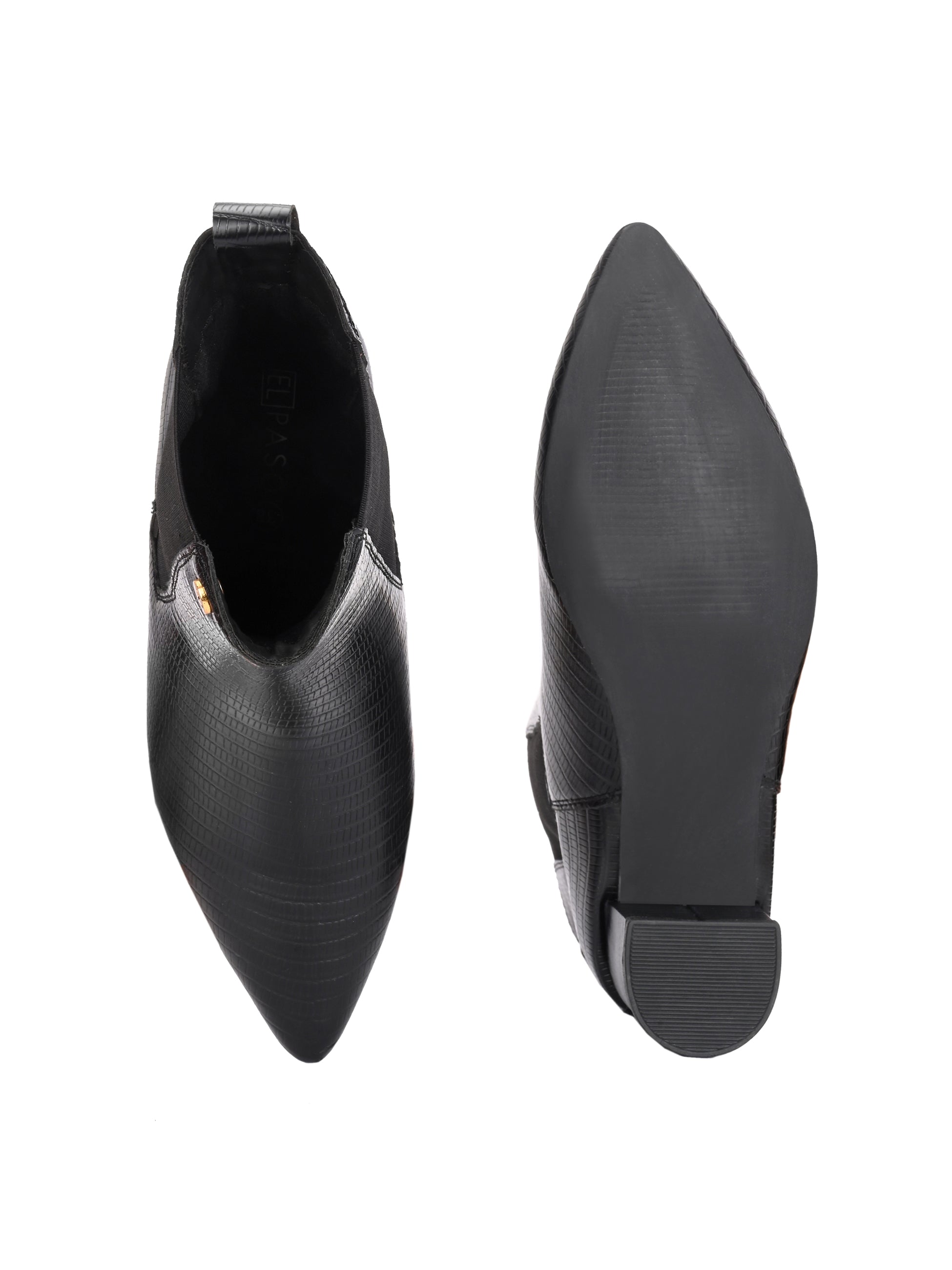 A stylish black ankle boot with a smooth leather finish, almond-shaped toe, mid-block heel, elastic side panel, and a gold accent logo.