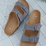 Blue Open Toe Flats with Buckles featuring buckle detailing for an adjustable fit and stylish look.