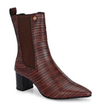 A sleek Tan crocodile-textured ankle boot with a pointed toe and mid-block heel, featuring an elastic side panel and a gold accent logo.