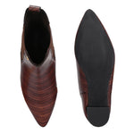 A stylish Tan ankle boot with a smooth leather finish, almond-shaped toe, mid-block heel, elastic side panel, and a gold accent logo.