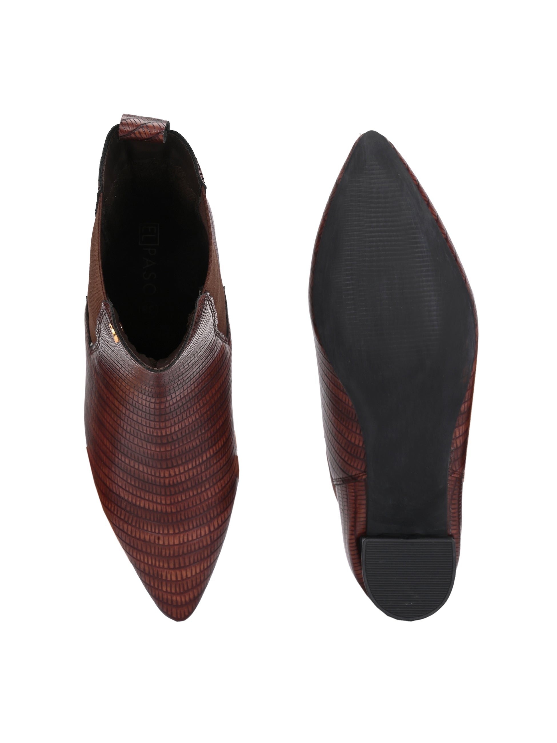 A stylish Tan ankle boot with a smooth leather finish, almond-shaped toe, mid-block heel, elastic side panel, and a gold accent logo.