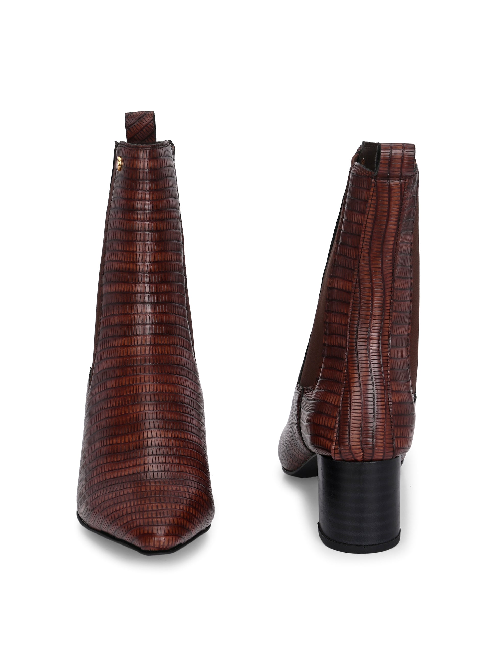 A stylish Tan ankle boot with a smooth leather finish, almond-shaped toe, mid-block heel, elastic side panel, and a gold accent logo.