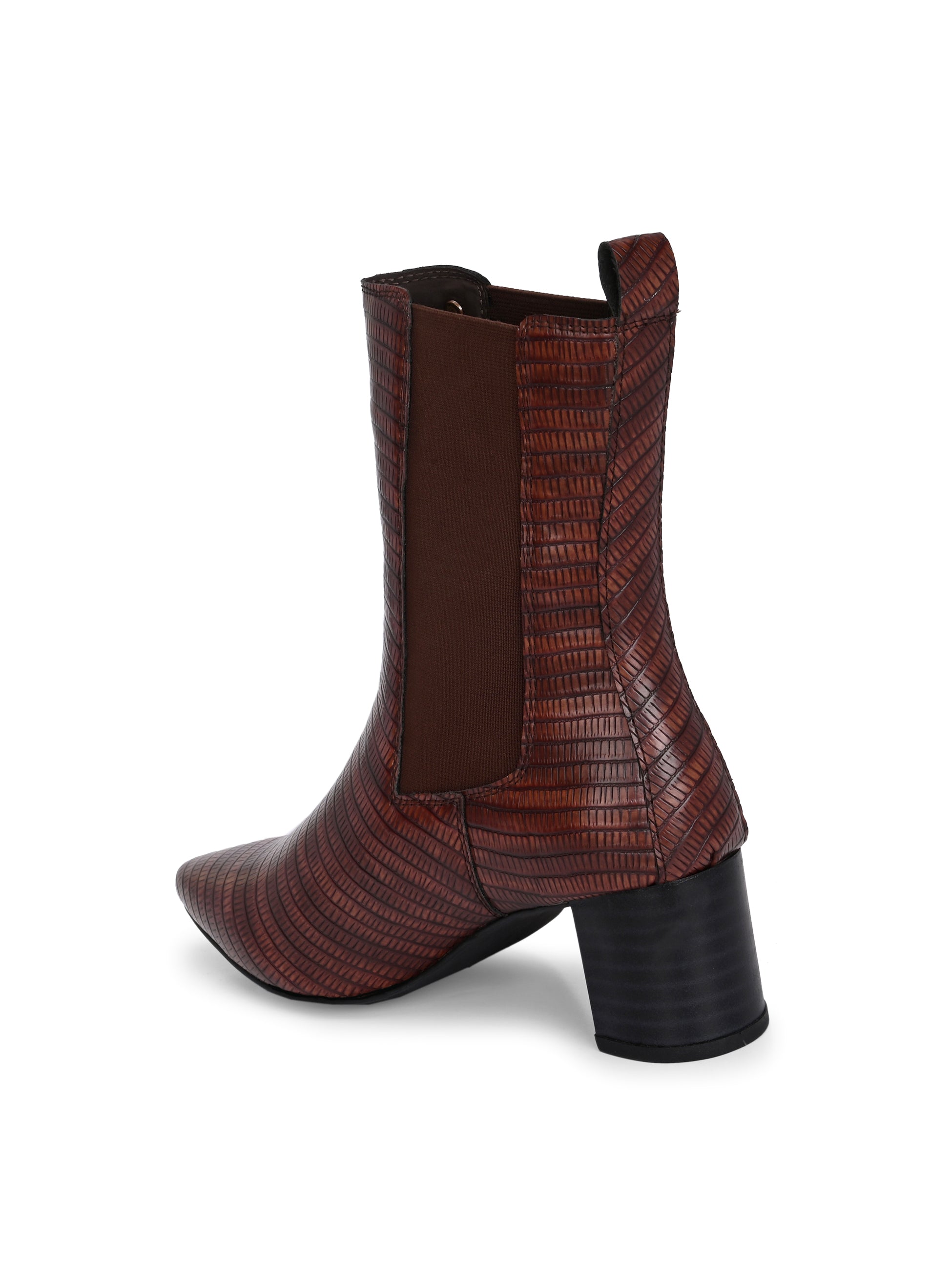 A stylish Tan ankle boot with a smooth leather finish, almond-shaped toe, mid-block heel, elastic side panel, and a gold accent logo.