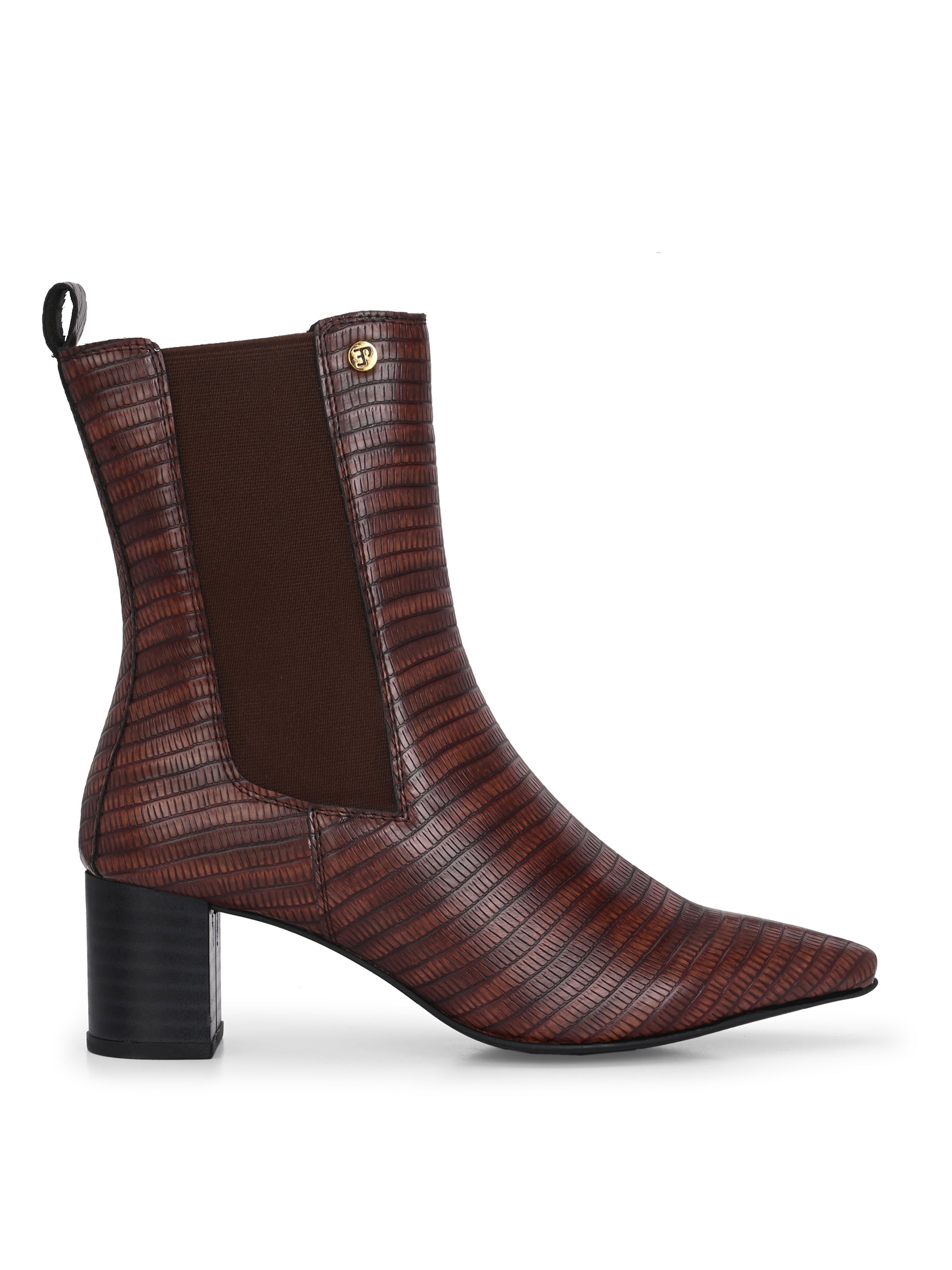 A stylish Tan ankle boot with a smooth leather finish, almond-shaped toe, mid-block heel, elastic side panel, and a gold accent logo.