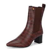 A stylish Tan ankle boot with a smooth leather finish, almond-shaped toe, mid-block heel, elastic side panel, and a gold accent logo.