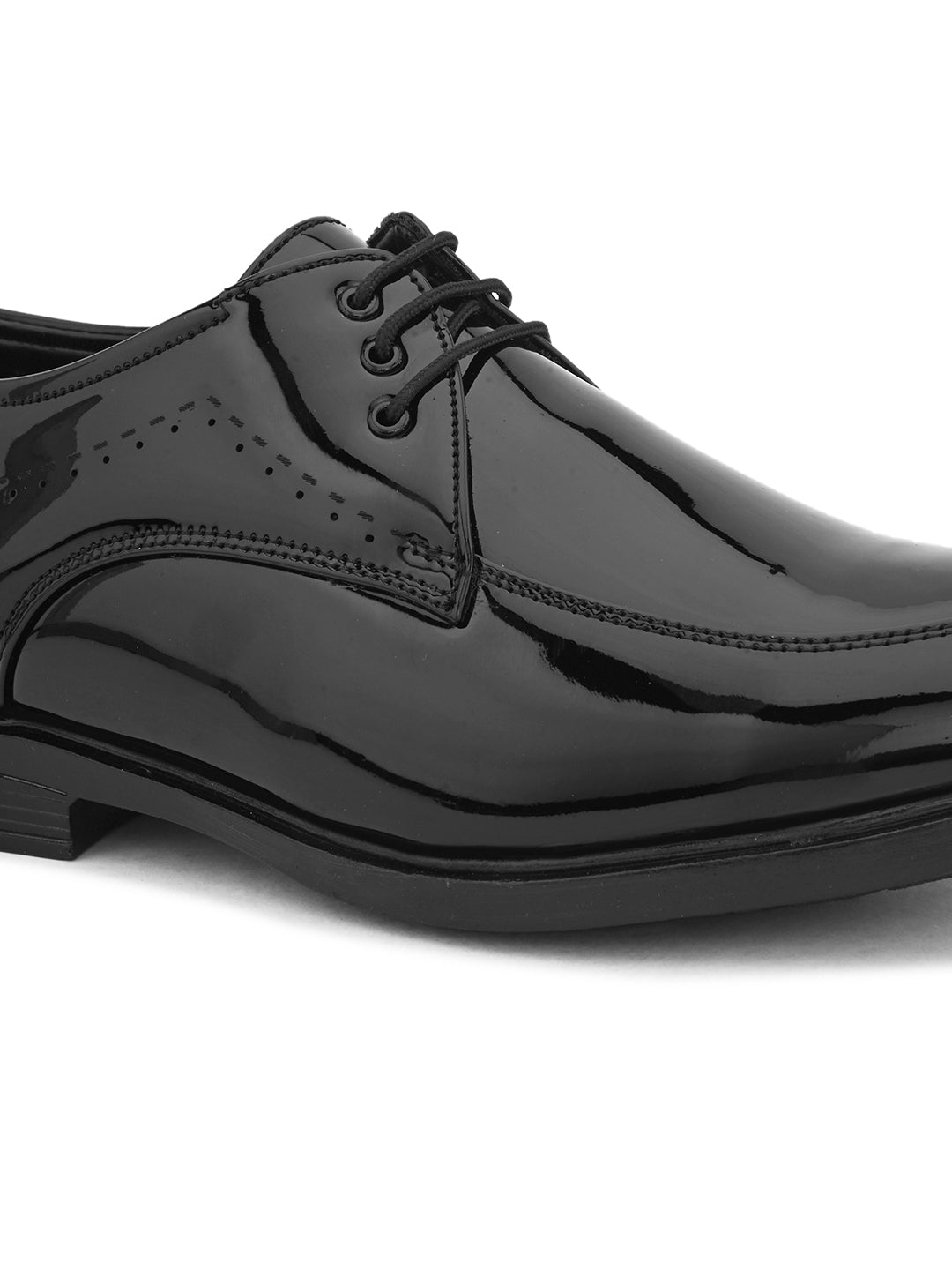 A pair of elegant men's black patent dress shoes, showcasing a sleek and polished design suitable for formal occasions.